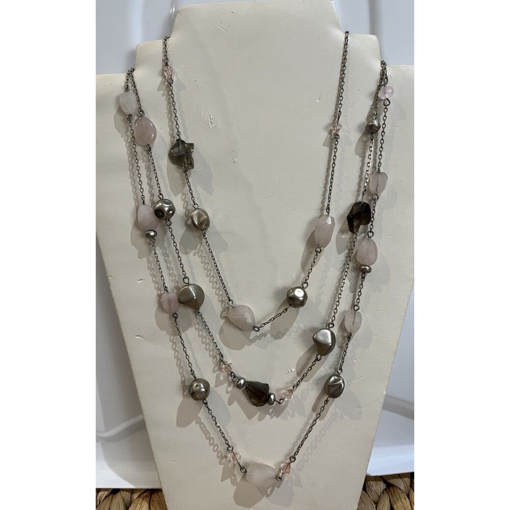 Chicos 3 Stranded Silver Tone Faux Rose Quartz & Amethyst Beaded Necklace Boho